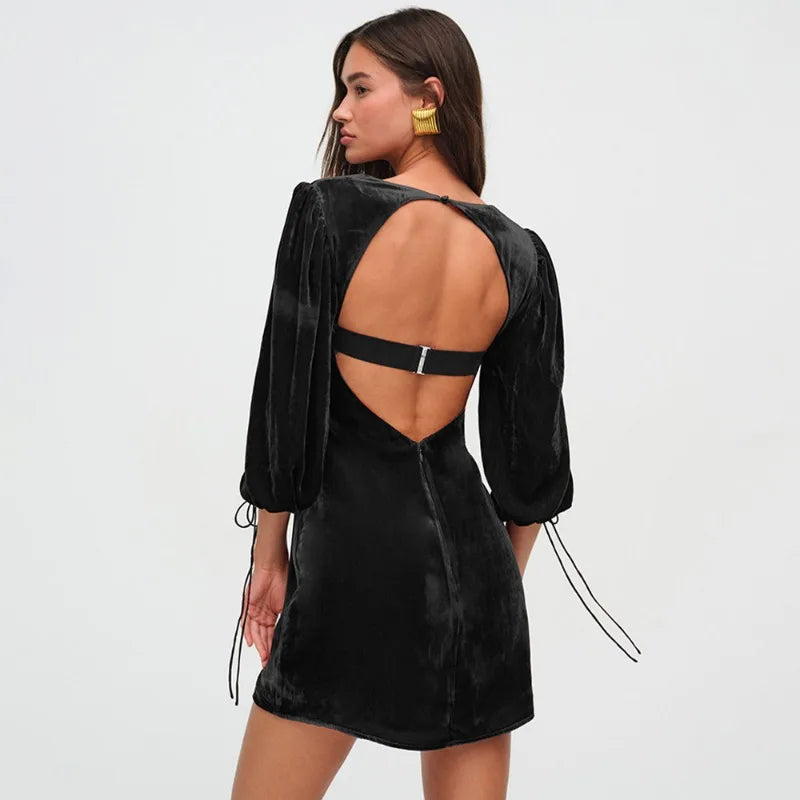 Velvet Short Party Dresses for Women Clothing Sexy Elegant Square Neck Long Sleeve Backless Dress Winter