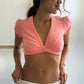 Casual V Neck Crop Top Short Sleeve T-Shirts Women Summer Y2K Single Button Tee Shirt Beach Vacation Female Cropped Tops
