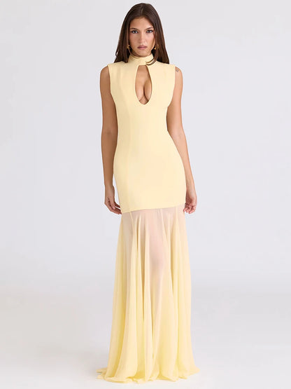 Hollow Out Sleeveless Sexy Maxi Dress Women Gown Elegant Half High Collar High Waist Bodycon Club Party Long Dresses