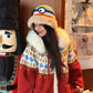 Cute Rainbow Striped Crochet Eye Plush Brim Hat For Women