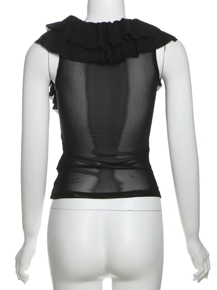 Tierred Low-Neck Tank Tops Women Y2K See Through Sleeveless Summer Trend Mesh Wild Basic Midnight Slim Clubwear Vest