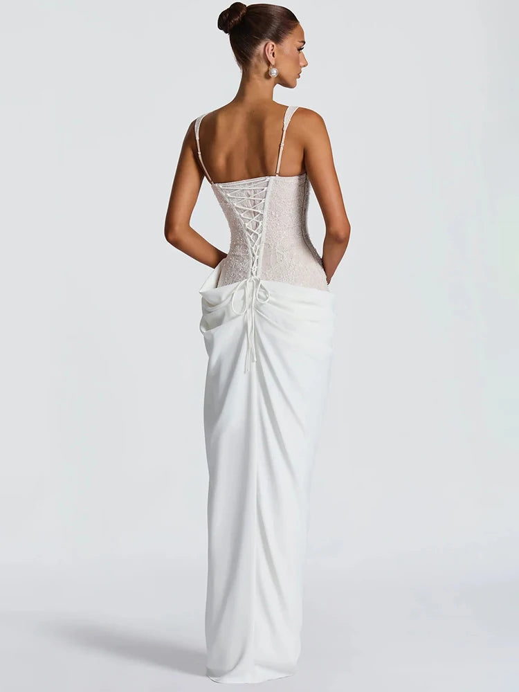 Lace Corset Sexy Maxi Dress Women Elegant Spaghetti Strap Draped Ruched Mermaid Long Wedding Guest Evening Formal Gown