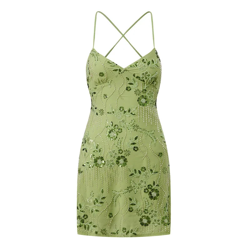 Sequin Beaded Cami Mini Dress Sexy Front V Neckline Sleeveless Short Dresses for Women Backless Criss Cross Straps Dress