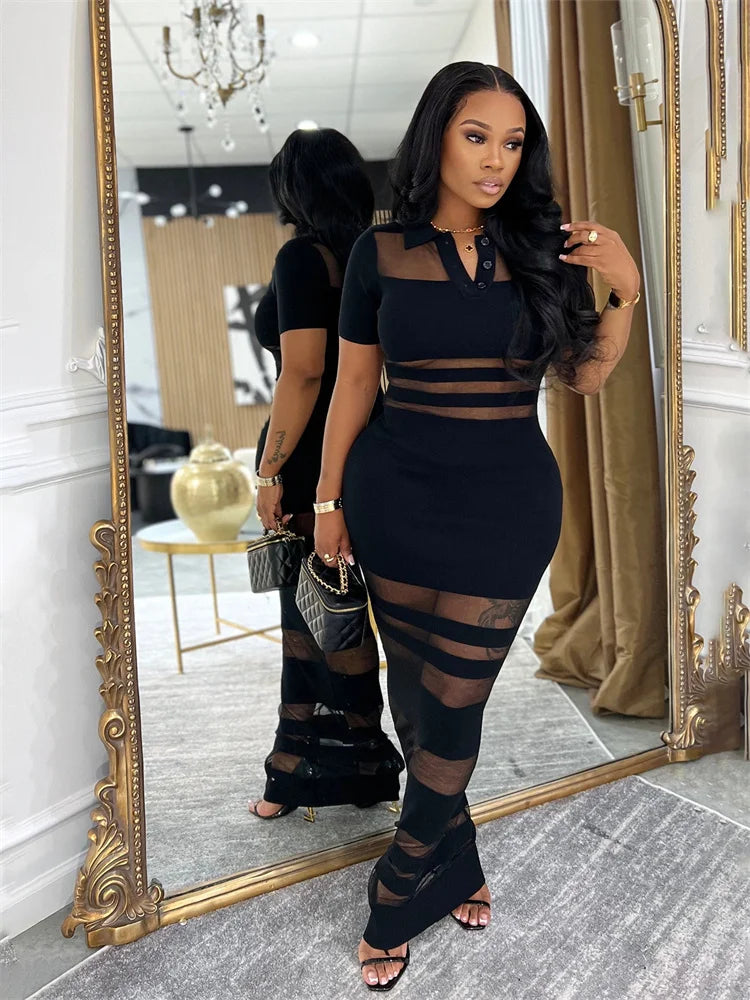 Mesh Patchwork Dress Women Polo-Neck Short Sleeve Skinny Peach Hip Midnight Club Party Sexy Coquette Long Bodycon