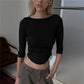 Womens Basic Solid Crop Top Boat Neck Three Quarter Sleeve Slim Fitted Curved Hem Y2K Casual Daily Streetwear Blouse