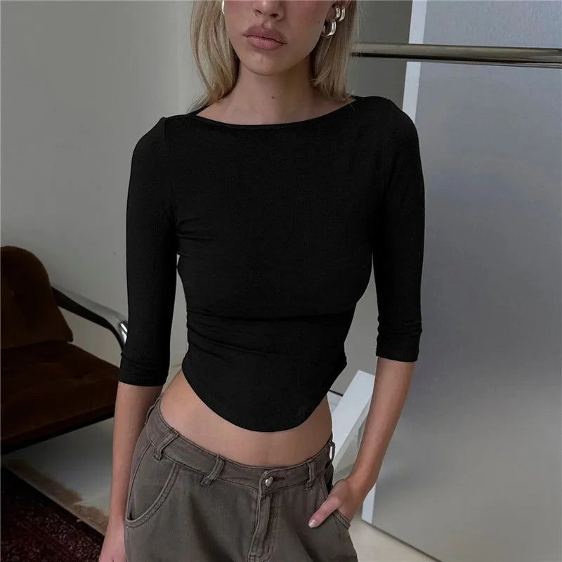 Womens Basic Solid Crop Top Boat Neck Three Quarter Sleeve Slim Fitted Curved Hem Y2K Casual Daily Streetwear Blouse