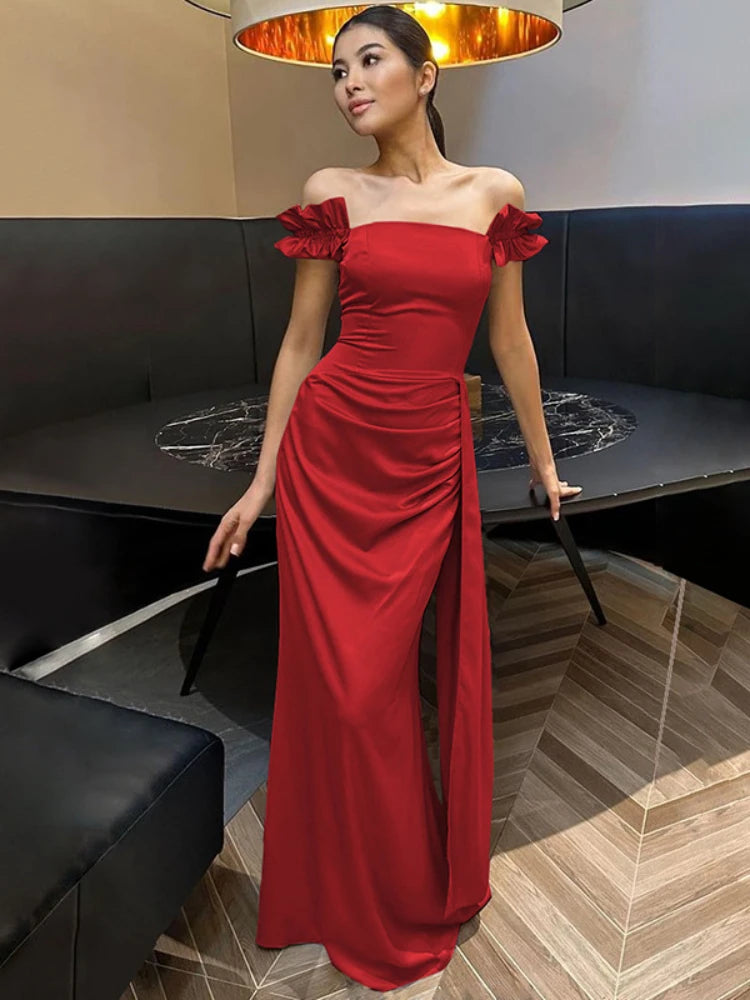 Elegant Satin Off Shoulder Long Maxi Dresses 2025 Woman Graduation Dresses Evening Party Gown Red Black
