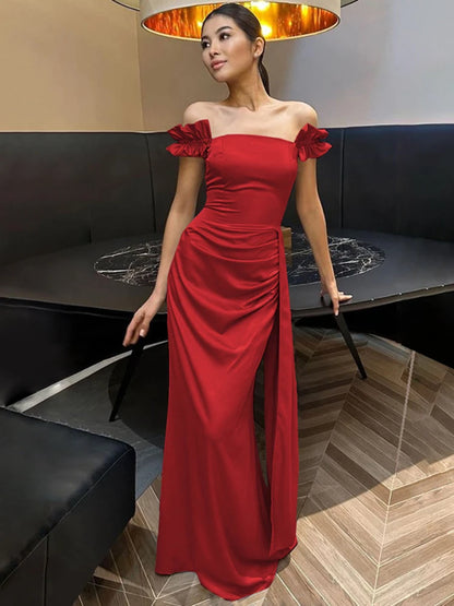 Elegant Satin Off Shoulder Long Maxi Dresses 2025 Woman Graduation Dresses Evening Party Gown Red Black