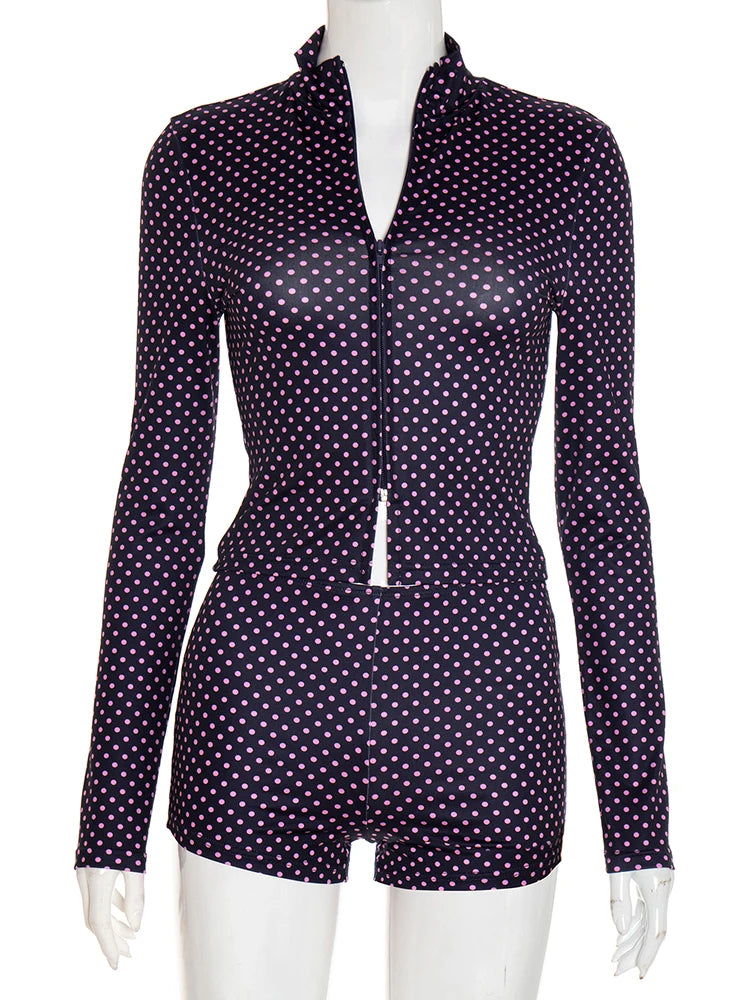 Casual Women Two Piece Set Polka Dot Print Tracksuit Zip Crop Jacket+Shorts Matching Street Elastic Fall Trend Outfits