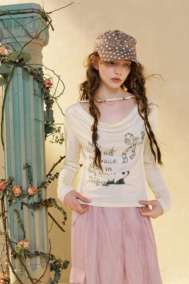 Women's Casual Graphic Long Sleeve Tee with Cat & Letter Print, Loose Fit Cowl Neck Top for Everyday