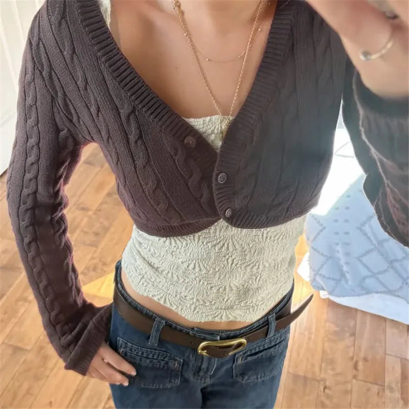 Women Y2K Cable Knit Cropped Bolero Cardigan V Neck Button Long Sleeve Super Short Knit Shrug Sweater Outerwear Tops