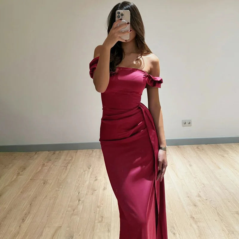 Elegant Satin Off Shoulder Long Maxi Dresses 2025 Woman Graduation Dresses Evening Party Gown Red Black