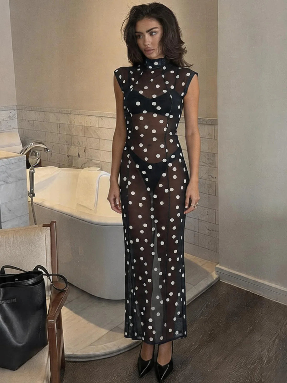 Black and White Polka Dot Print Mesh Sheer Sleeveless Maxi Dress Vintage Summer Dresses 2026 Woman Clothing