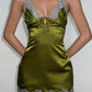 Patchwork Lace Satin Dress Women v-Neck Bandage Tassel Skinny Sexy Folds Midnight Chic Hottie Summer Mini Bodycon