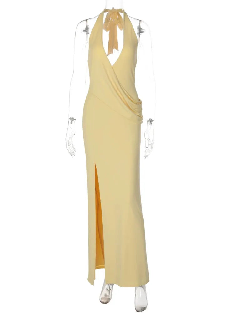 Women Halter Deep V Sexy Maxi Dress Draped Split Long Evening Party Dress Sleeveless Backless Wedding Guest Dresses