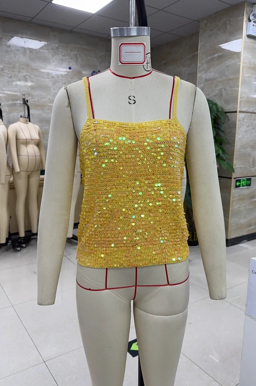 Sequin Crochet Crop Tops Women Summer Beach Knitted Smocked Camis Sparkly Glitter Backless Cover-up Crop Tops Vest
