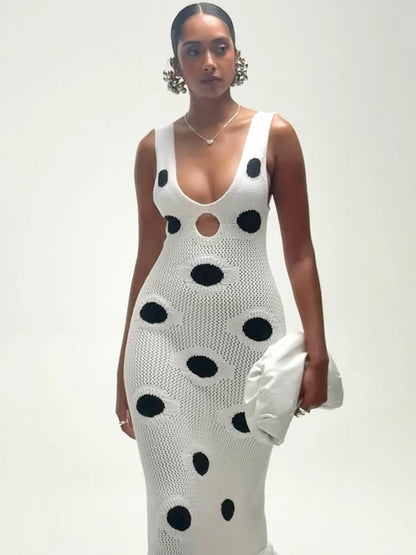 Knit Women Dress Beach Vacation Skinny Stretch Sleeveless Hollow Dot Tassel Hem Elegant Sexy Midnight Maxi Bodycon