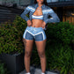 Contrast Patchwork 3 Piece Set Women Halter Strapless Tops+Cardigan Crop Jacket+Drawstring Shorts Sexy Sporty Outfits
