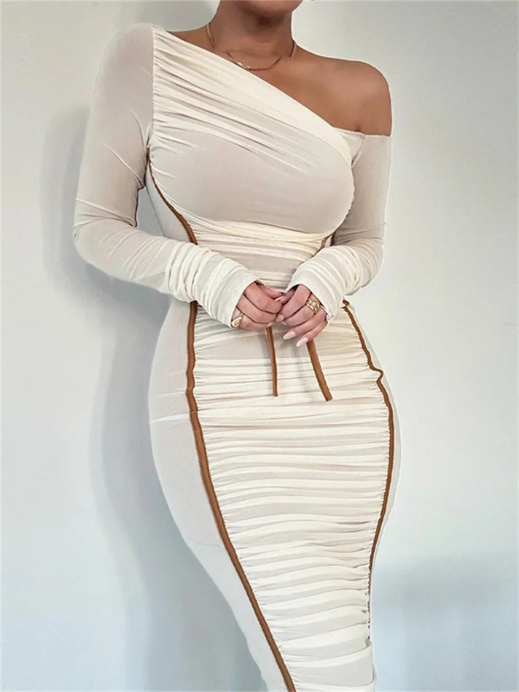 Contrast Stripe Patchwork Dress Women Irregular Diagonal Collar Backless Mesh Full Sleeve Elegant Trend Long Bodycon