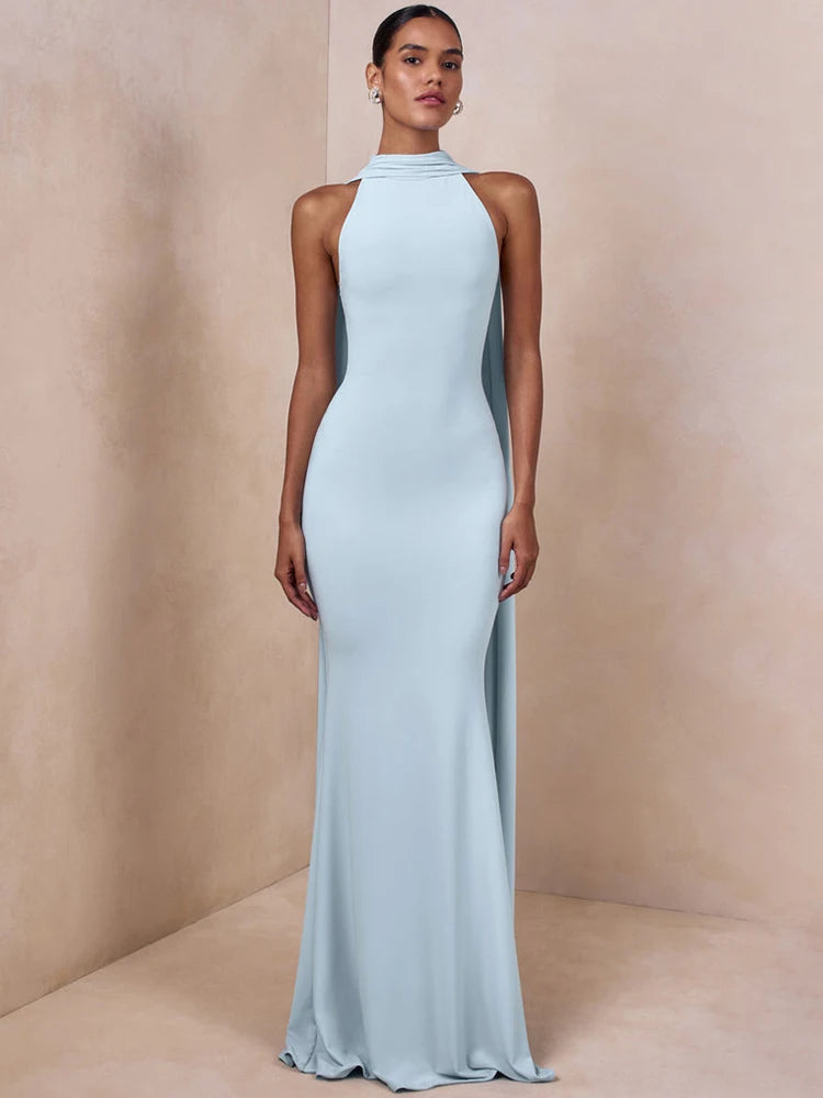 Women Sexy Mermaid Maxi Dress Halter Sleeveless With Flowing Cape Backless Bodycon Long Formal Evening Party Dress