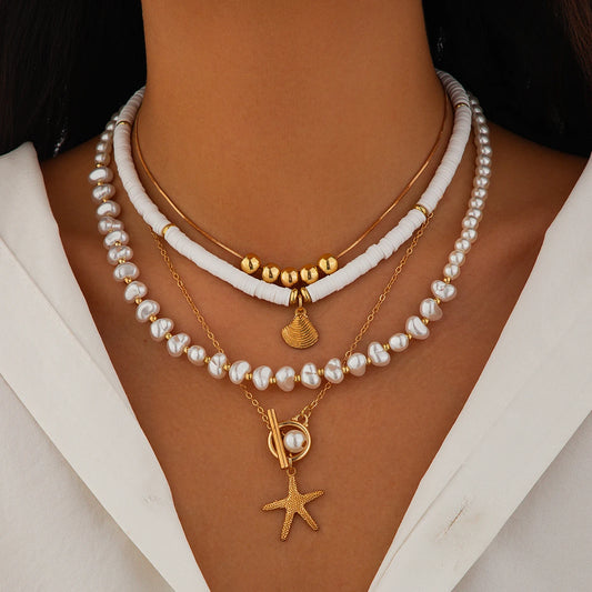 3Pcs/Set Bohemian Scallop Starfish Pendant Necklace for Women  Elegant Imitation Pearl Chain Jewelry Accessories Gift