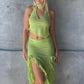 Sexy Fashion 2 Piece Set Women Halter Low-Neck Backless Tank Tops+Ruffles Tassel Splits Hem Skirts Wild Style Outfits