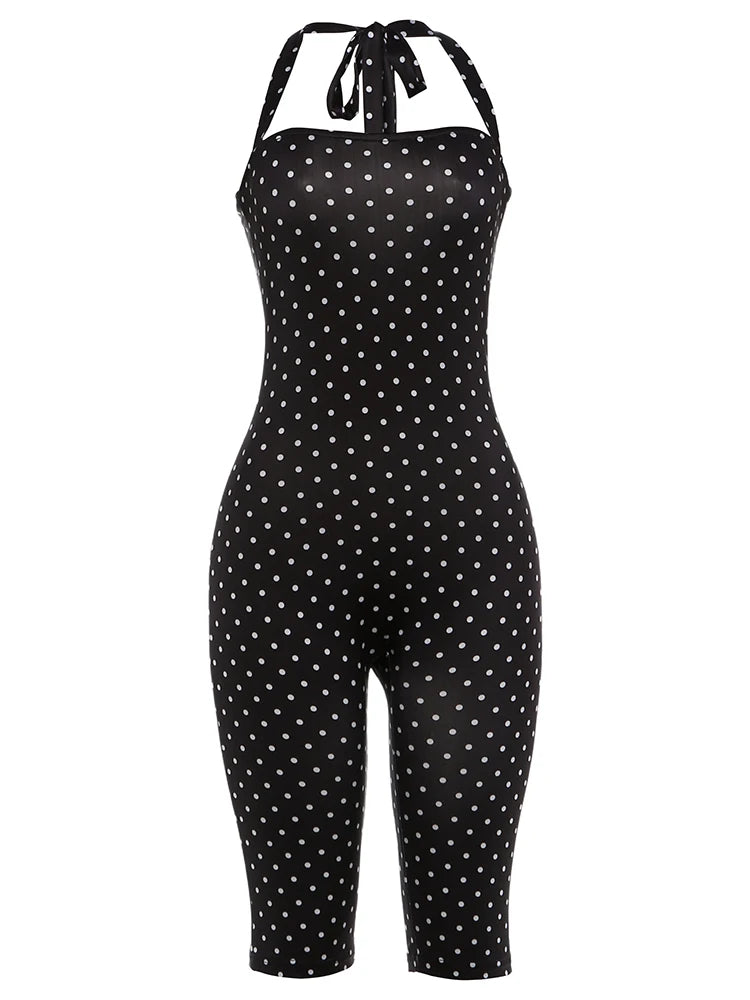 Polka Dot Print Backless Rompers Woman Summer Sexy Bandage Halter Sleeveless Skinny Peach Hip Streetwear Playsuits