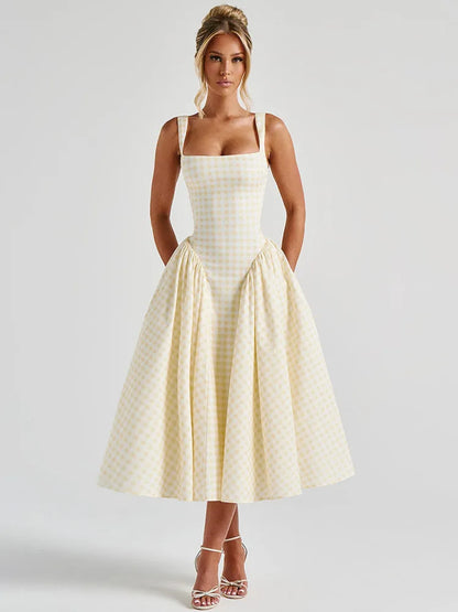 Plaid Printed Maxi Dress For Women Gown Summer New Spaghetti Strap High Waist A-line Backless Club Long Dress Vestido