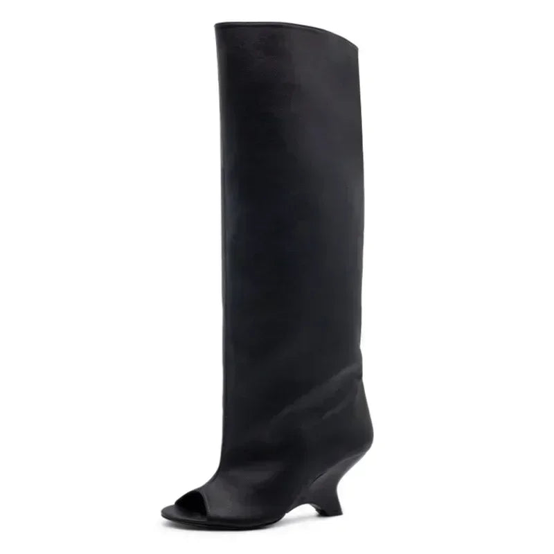 Women's Fish Mouth Thick High Heels Knee Length Cool Boots Slant Heel Fashion Show Large Size Spring/Summer Women's Boots