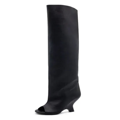 Women's Fish Mouth Thick High Heels Knee Length Cool Boots Slant Heel Fashion Show Large Size Spring/Summer Women's Boots