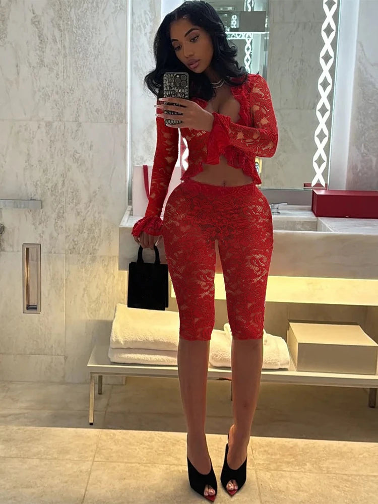 Jacquard Sexy Women 2 Piece Set Coquette Full Sleeve Ruffles Crop Tops+Bike Shorts Matching Clubwear Summer Outfits