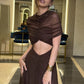 Hollow Out Short Sleeve Sexy Maxi Dress Women Fashion O Neck Ruched High Waist Bodycon Club Party Long Dress Female
