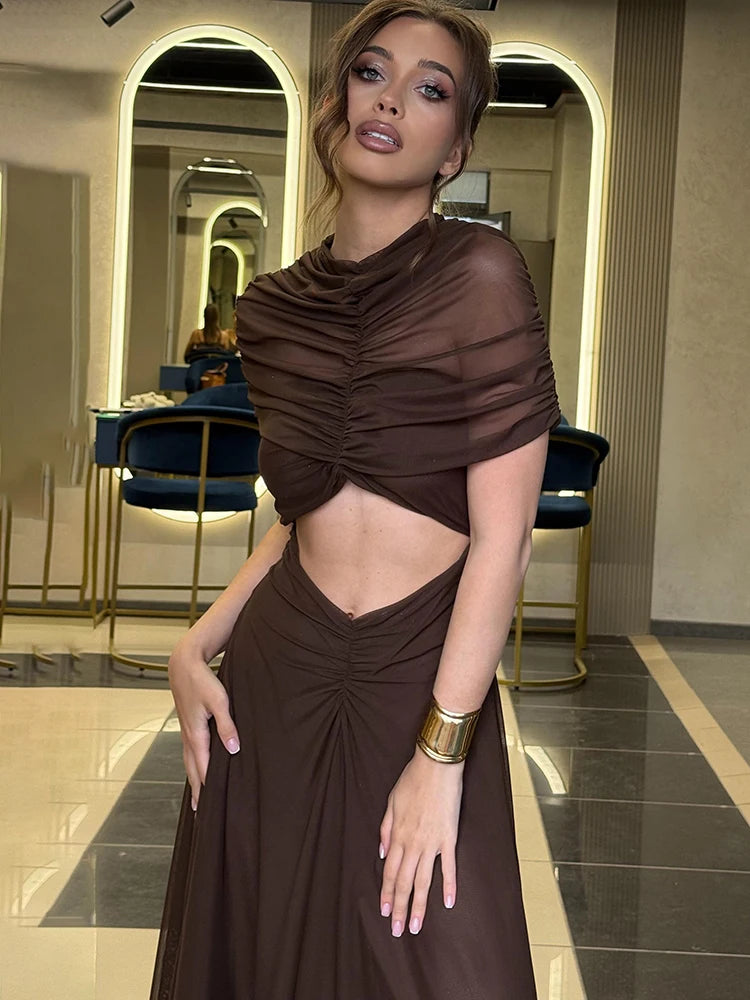 Hollow Out Short Sleeve Sexy Maxi Dress Women Fashion O Neck Ruched High Waist Bodycon Club Party Long Dress Female
