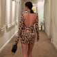 Leopard Print Long Sleeve Mini Dress Sexy Woman Clothes Turtleneck Hollow Backless Bodycon Dresses Clubwear