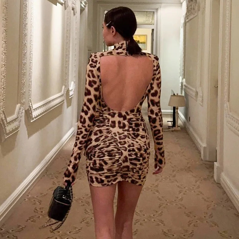 Leopard Print Long Sleeve Mini Dress Sexy Woman Clothes Turtleneck Hollow Backless Bodycon Dresses Clubwear