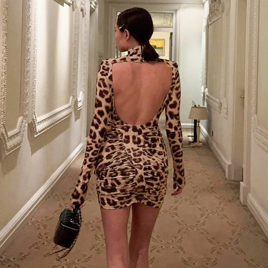 Leopard Print Long Sleeve Mini Dress Sexy Woman Clothes Turtleneck Hollow Backless Bodycon Dresses Clubwear