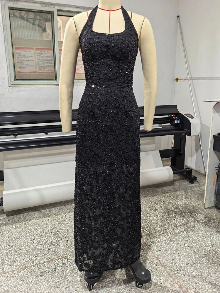 Women Halter Maxi Dress 3D Floral Sequin Mesh Mermaid Bodycon Long Dress Elegant Wedding Guest Bridesmaid Evening Gown
