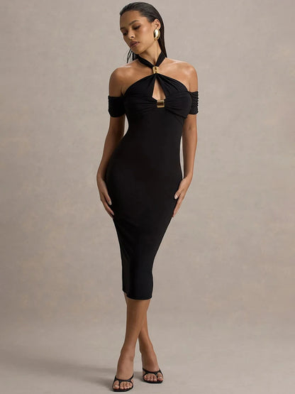 Hollow Out Halter Backless Sexy Midi Dress Women Fashion Off-shoulder Sleeveless Skinny Club Party Long Dress Elegant