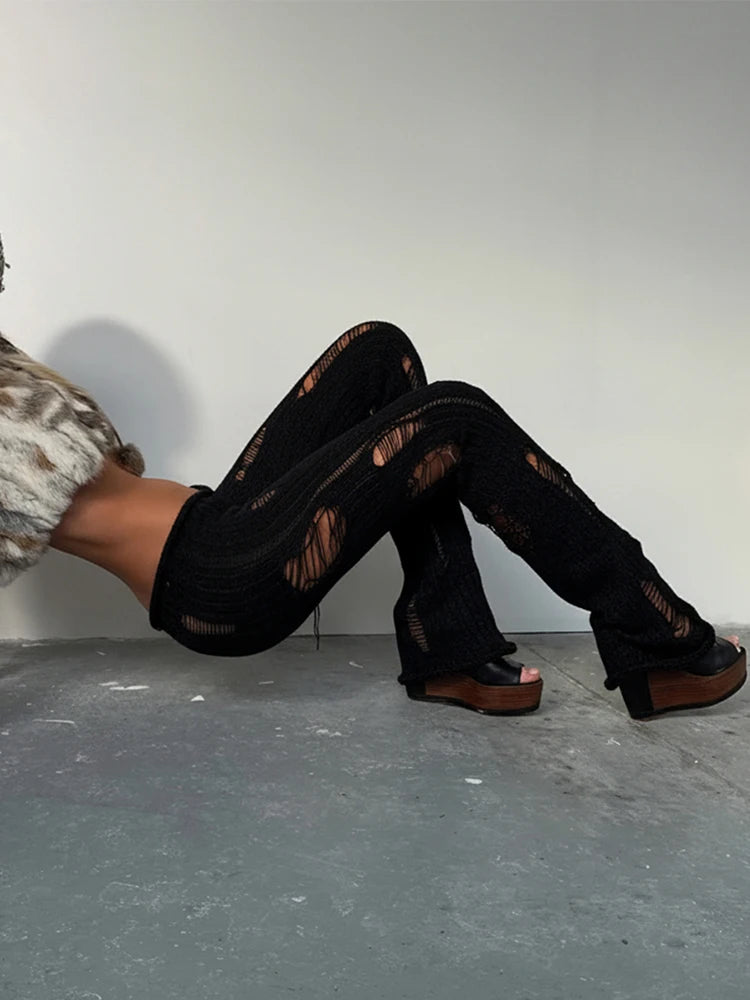 Knit Irregular Ripped Pants Women Autumn Trend Fashion Sexy Hottie Wild Solid Hip-Hop Street Clubwear Skinny Bottom