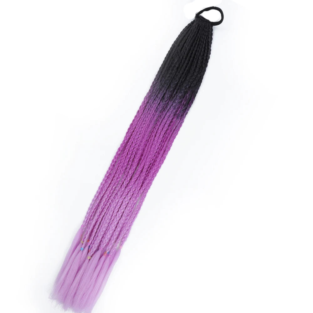 Synthetic 24inch Girls Colored Box Braided Ponytail With Elastic Rubber Band Hair Extensions Rainbow Color Box Pigtail Hairpiece