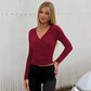Burgundy Off Shoulder Long Sleeve Top with Wrap-style Neckline Fashion 2026 Fall Shirts Woman Clothing