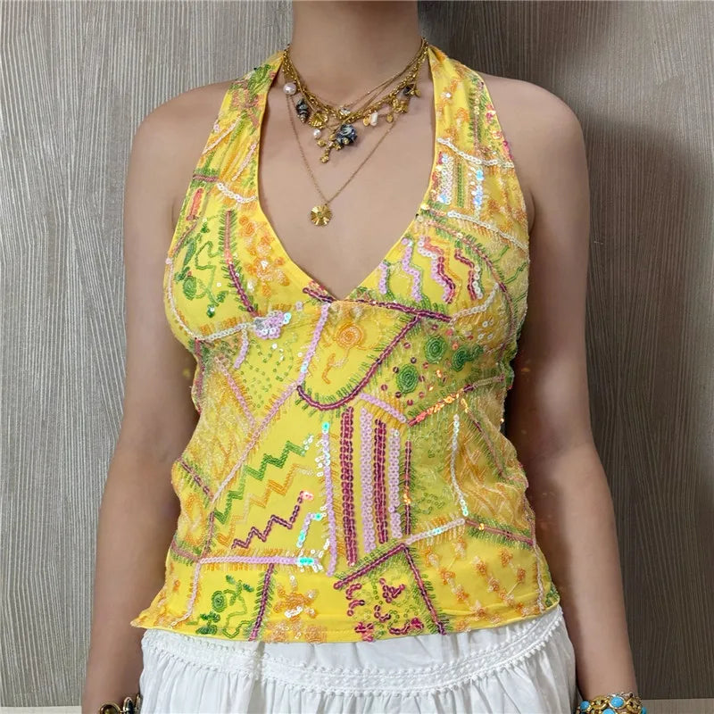 Y2k Woman Sexy Colorful Sequin Tank Tops Sleeveless Halter Neck Crop Vest V Neck Backless Cami Tops Streetwear