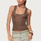 Y2K Sequin Knit Tank Top Vintage Women Square Neck Sheer See THrough Crop Top Summer Camisole Rave Party Clubwear