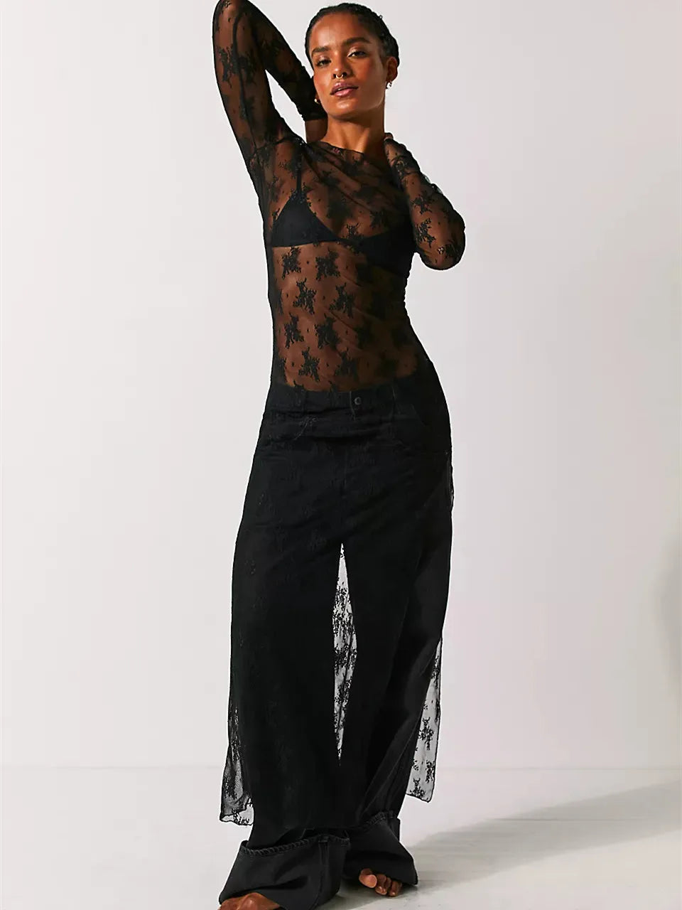 Womens Y2K Sheer Lace Maxi Dress Long Sleeve See Through Mesh Floral Lace Split Bodycon Dress Beach Coverups Party Dress