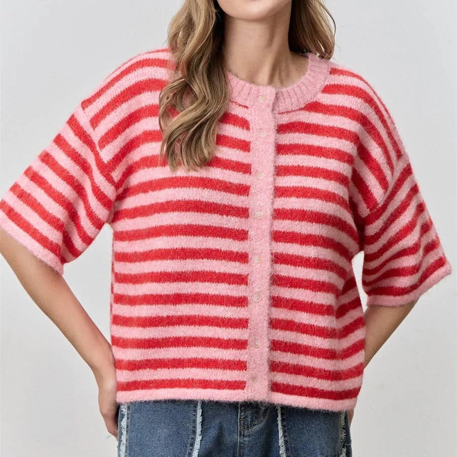 Women Contrast Stripe Plush Mohair Knit Cardigan Round Neck Button Front Half Sleeve Loose Fit Cropped Knit Jacket Fall