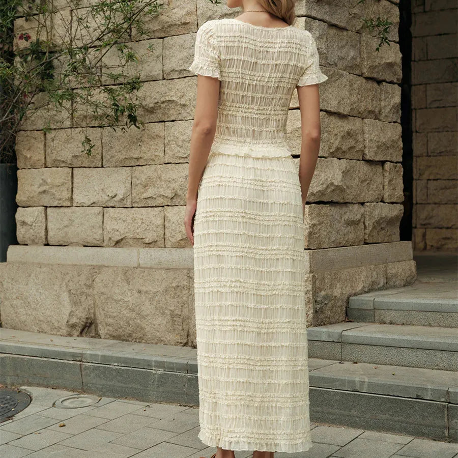 Flowy Two Piece Matching Skirt Sets for Women Clothing Short Sleeve Button Up Top Ruched Maxi Skirt Summer Beachwear