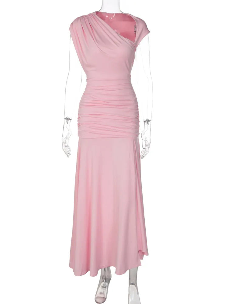 Women One Shoulder Sexy Maxi Dress Women Elegant Pink Bodycon Ruched Club Party Long Dresses Evening Cocktail Dresses