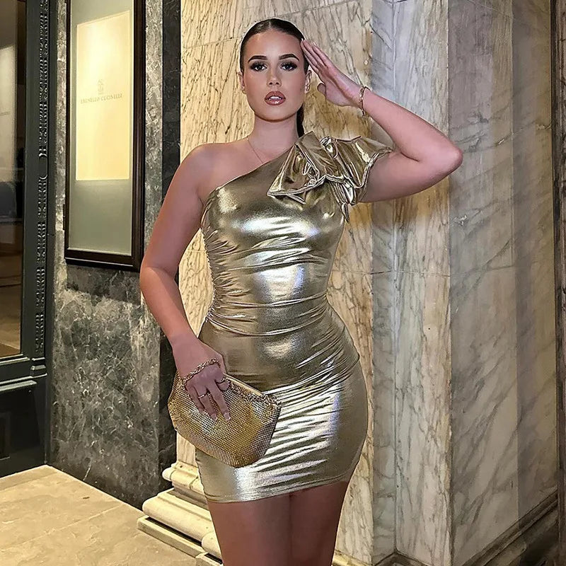 Metallic Gold Party Dress Women Elegant Bow One Shoulder Backless Mini Dresses Sexy Night Club Outfits