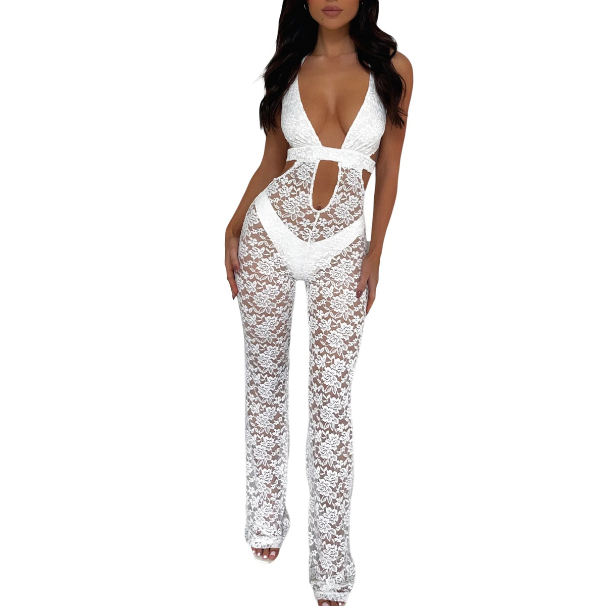 Women Sexy See Through Long Pant Jumpsuit Chic Deep V Neck Floral Lace Romper Cut Out Mesh Outfits Playsuit Streetwear