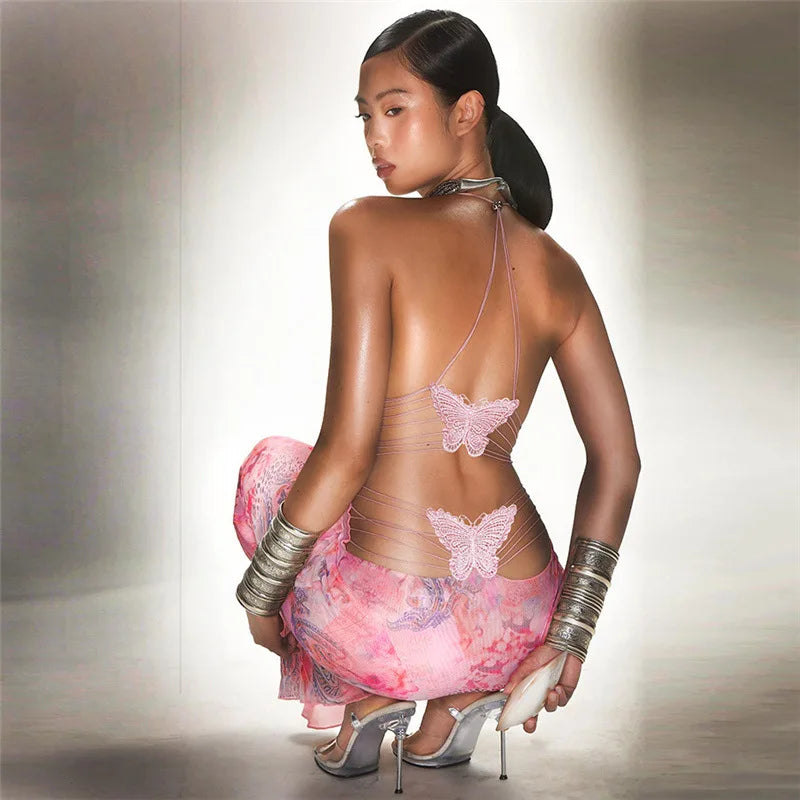 Butterfly Backless Deep V Long Dresses Y2k Fairy Pink Print Party Dress for Women 2023 Sexy Club Outfits